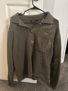 RD Style Olive Open-Knit V‑Neck Polo Sweater